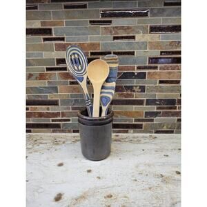 Vintage Crock Utensil Holder Small Brown, Farmhouse Primitive, Country Kitchen